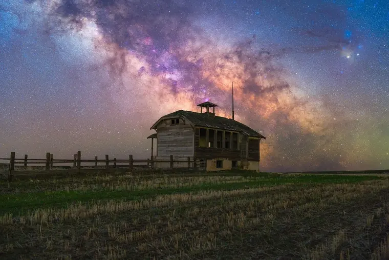 A colorful Milky Way and Abandoned Schoolhouse