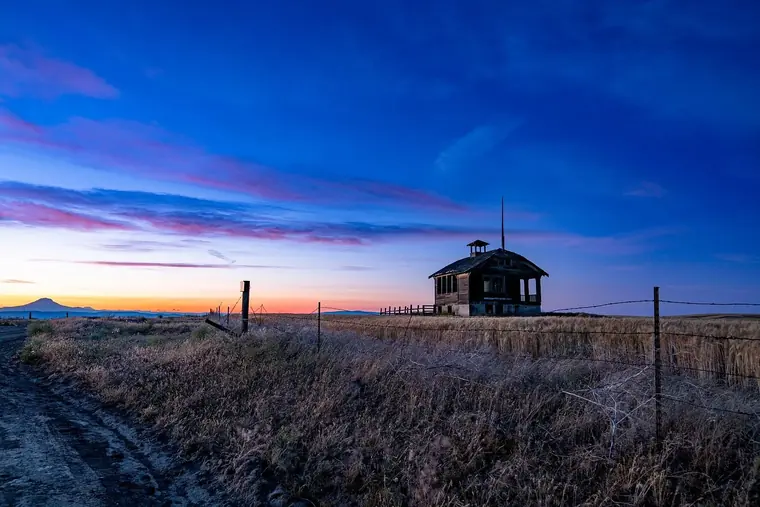 Abandoned School House during Blue Hour With Mount Adams