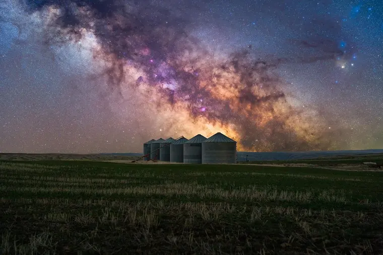 Grain Bins and Colorful Milky Way Dufur Oregon