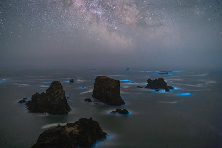 Bioluminescent Waves Arch Rock Milky Way