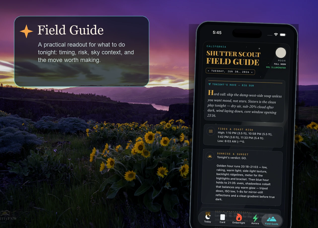Actual Shutter Scout Field Guide tab screenshot composited over night landscape photography